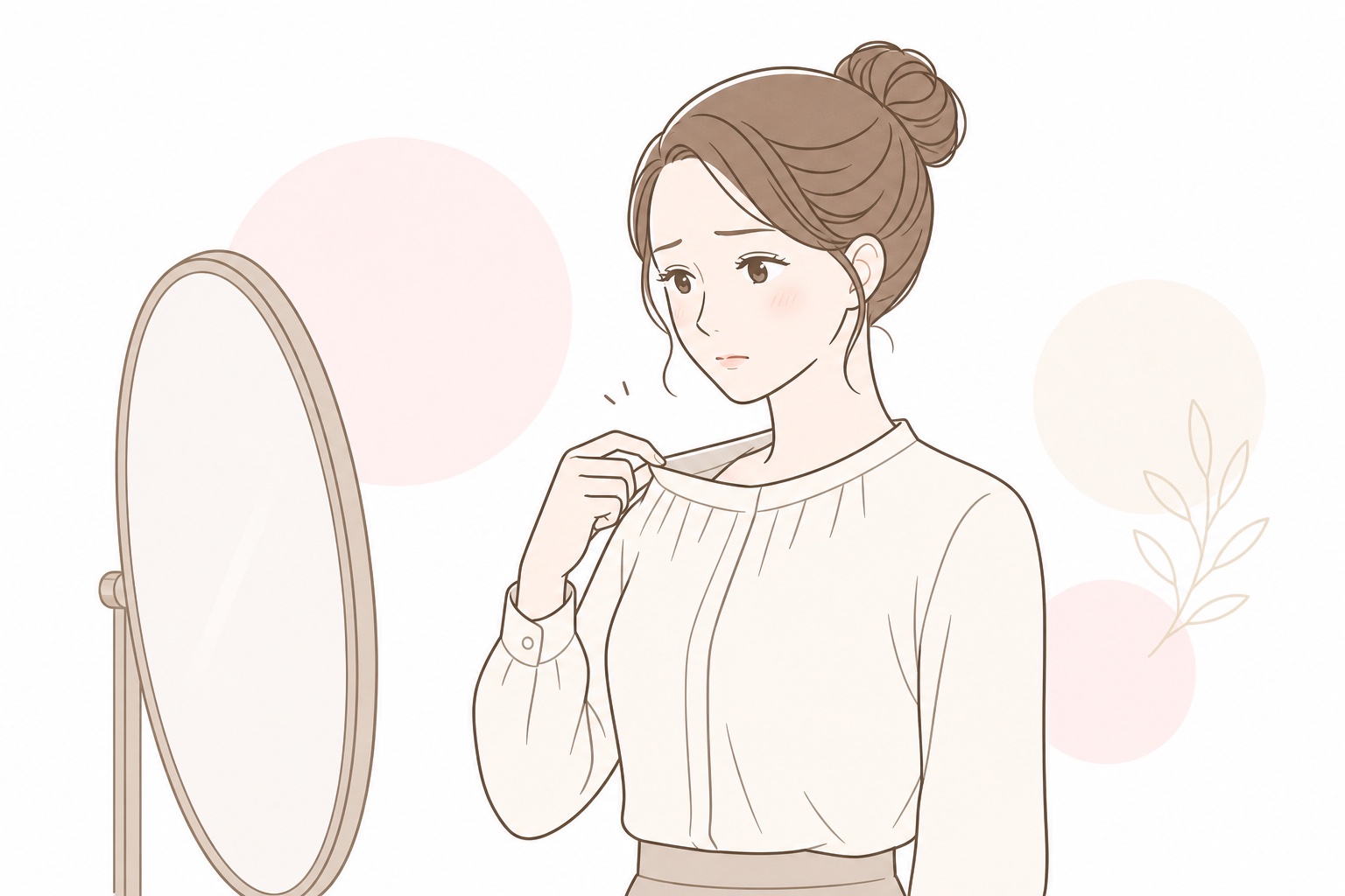 鏡を見ながら胸元の隙間を気にする女性
